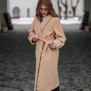 Handmade Warm Winter Coat for Women, Belted Boiled Wool Coat, Loose Fitting Midi Coat With Pockets, Oversized Wool Coat, Winter Outwear
