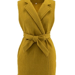 Wool Women Vest, Winter Vest, Sleeveless Women jacket, Belted Vest, Boiled Wool with Pockets Vest, Mustard Yellow