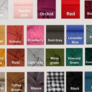 May include: Swatch card showing 20 different fabric colors, including white, powder pink, orchid, red, burgundy, caramel, rooibos, strawberry, dark grey, lavender blue, antique blue, mustard yellow, rust, light grey, moss green, emerald green, forest green, natural, toffee brown, mauve, blue checks, black, and blue.