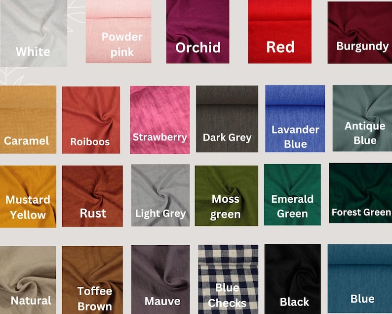 May include: Swatch card showing 20 different fabric colors, including white, powder pink, orchid, red, burgundy, caramel, rooibos, strawberry, dark grey, lavender blue, antique blue, mustard yellow, rust, light grey, moss green, emerald green, forest green, natural, toffee brown, mauve, blue checks, black, and blue.