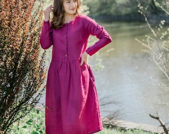 Modest Linen Dress Mid Length Classic Fit Work Elegant Outfit Vegan Fabric Lightweight Spring Autumn Style