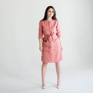 Handcrafted Linen Shift Dress - Sustainable Fashion with Front Pockets and 3/4 Sleeves