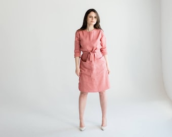 Handcrafted Linen Shift Dress - Sustainable Fashion with Front Pockets and 3/4 Sleeves