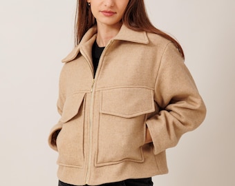 Handmade Women’s Wool Barn Jacket, 100% Wool Winter Coat with Collar and Pockets, Warm Outerwear, Custom Size Slow Fashion Coat