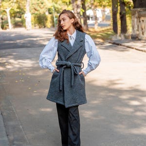 Wool Women Vest, Winter Vest, Sleeveless Women jacket, Belted Vest, Boiled Wool with Pockets Vest, Grey Vest