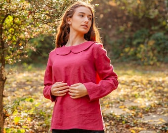 Frauen Leinenbluse mit Peter Pan Kragen und Langarm, weiße Bluse, Frauen weißes Hemd | Leinen Bekleidung | Lockeres Leinen Hemd