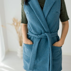 Wool Women Vest, Winter Vest, Sleeveless Women jacket, Belted Vest, Boiled Wool with Pockets Vest, Blue