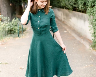 Vestido de linho vintage, vestido com gola Peter Pan, vestido circular na altura do joelho, roupa estilo cottage, vestido estilo anos 60, ajuste sob medida, vestido retrô
