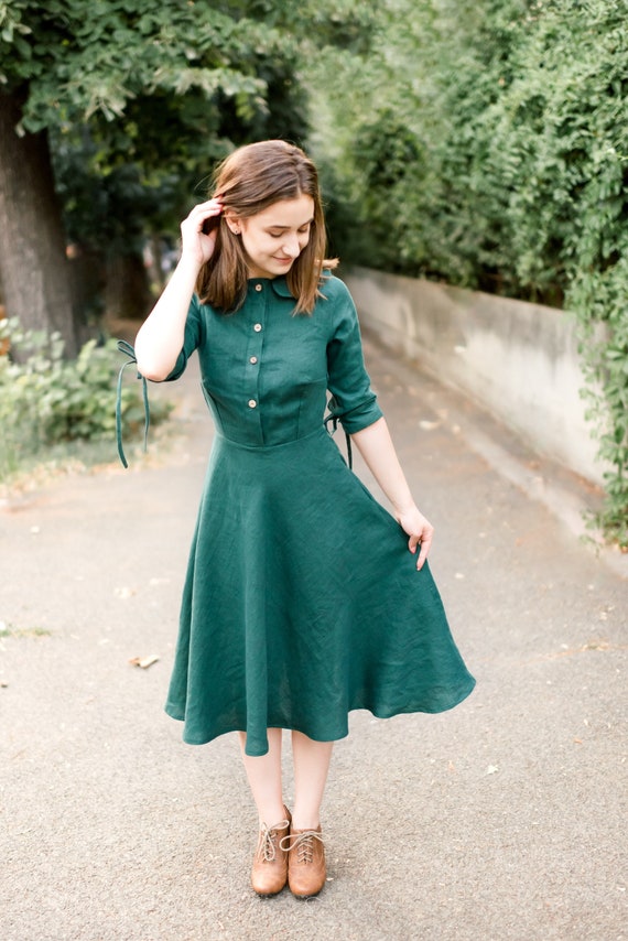 Vintage Linen Dress, Peter Pan Collar Dress, Knee Length