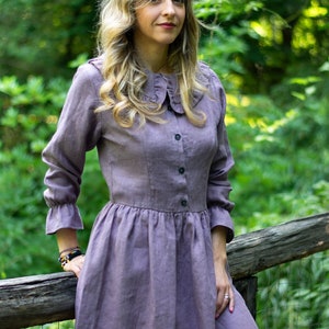 Vintage linnen jurk, jurk met ruches, knielange jurk, cottage core-kleding, retrojurk