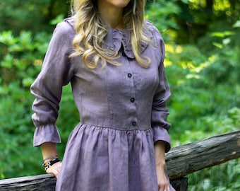 Vintage Linen Dress, Ruffle Collar Dress, Knee Length Dress, Cottage core Clothing, Retro Dress