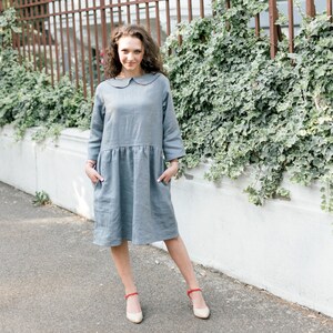 Vintage linnen jurk, Peter Pan-kraagjurk, knielange volledige cirkeljurk, Cottage Core-kleding, jurk in jaren 60-stijl, retrojurk