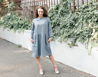 Vintage Linen Dress, Peter Pan Collar Dress, Knee Length Full Circle Dress, Cottage core Clothing, 1960's Style Dress, Retro Dress