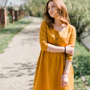 Modern Linen Dress with Belt Mid Length Classic Fit Work Elegant Outfit Vegan Fabric Lightweight Spring Autumn Style