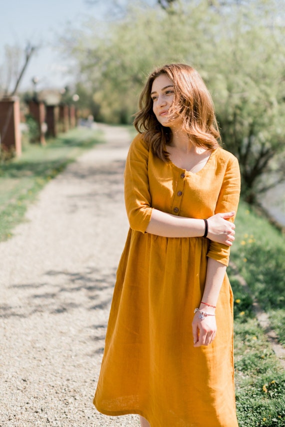work linen dress Modern Linen Dress With Belt Mid Length Classic Fit Work Elegant Outfit  Vegan Fabric Lightweight Spring Autumn Style