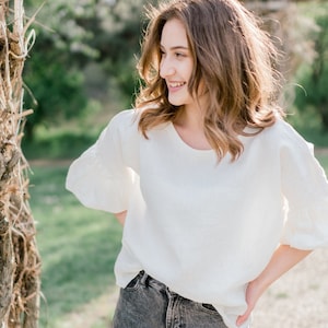 Puff sleeve Linen blouse, women&#39;s linen shirt, oversized, white blouse, Women white shirt, Spring/Summer blouse