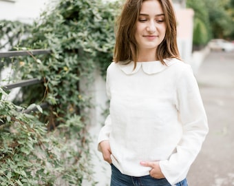 Weiße Leinenbluse mit Peter-Pan-Kragen für Damen – Romantisches Sommertop – Cottagecore Damenhemd – weich gewaschenes europäisches Leinen