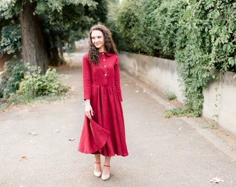 Vestido de linho vintage, vestido com gola Peter Pan, vestido de círculo completo na altura do joelho, roupa estilo cottage, vestido estilo anos 60, vestido retrô
