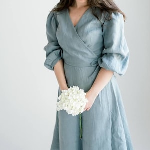 Womens Linen Wrap Dress | Romantic Dress | Linen Puff Sleeve Dress | Summer Dress | Linen Bridesmaid Dress | Boho Linen Dress