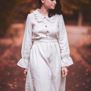 Vintage Style Linen Dress, Romantic Cottagecore Dress, Timeless Long Sleeve Prairie Dress, Natural Linen Peter Pan Collar Dress with Ruffles