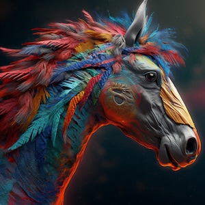 May include: A detailed digital art piece of a horse's head. The horse is painted in shades of gray, with colorful feathers in red, blue, orange, and yellow adorning its mane. The horse's face has intricate patterns and textures, creating a striking visual.