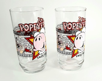 Set of 2 Vintage Limited Edition Popeyes Famous Fried Chicken Swee&#39; Pea Drinking Glasses King Syndicate Inc 1979 Advertising