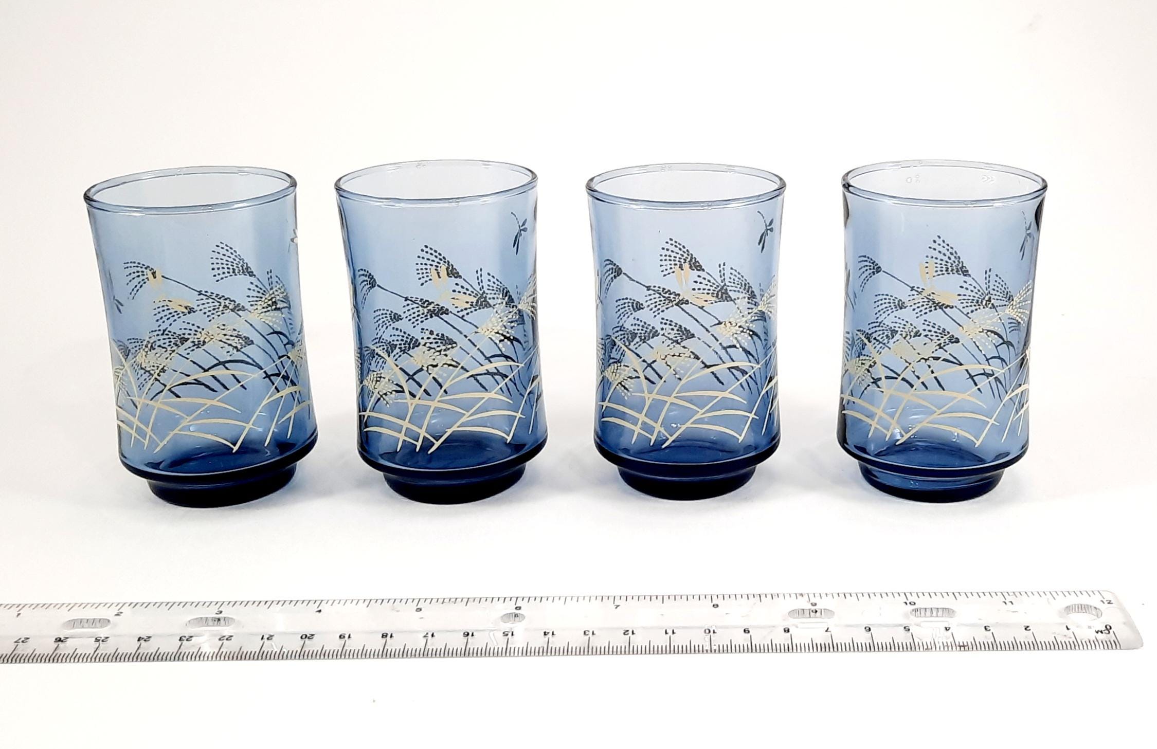 Vintage Set of 4 MCM Libby Bolero Dusky Blue Juice Glasses With Tan / Cream Colored Dragonfly and Wheat Pattern
