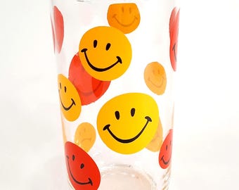 Vintage Red and Yellow Smiley Face, Plus One Frowny Face, Drinking Glass by Libbey 1970s