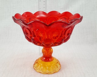 L.E. Smith, Amberina Ruby and Amber Yellow Pressed Glass Footed Bowl, Moon and Stars Pattern MCM Circa 1960s