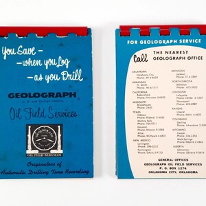 May include: Two vintage blue Geolograph oil field services booklets with red binding. One booklet reads "You Save - when you Log - as you Drill." The other lists phone numbers for Geolograph offices. The booklets are for automatic drilling time recording.