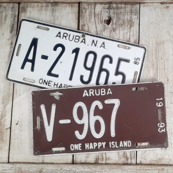 Vintage License Plates From Aruba One Happy Island 1985 white and 1993 Brown