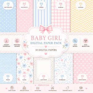 Pode incluir: Um pacote de papel digital com dez padrões distintos, incluindo bolinhas azuis, bolinhas rosas, listras azuis, xadrez vichy rosa, chevron amarelo, ondas azuis, flores, moldura de renda, arabescos e corações brancos.