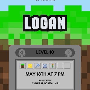 Puede incluir: Una invitación digital con un fondo pixelado, con el nombre "LOGAN" en letras blancas en negrita. La invitación incluye el texto "COME LEVEL UP WITH ME" y detalles para una fiesta: "LEVEL 10" el 18 de mayo a las 7 PM.
