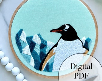 Gentoo Penguin Embroidery Pattern PDF- Penguin Design with Glacier Ice. Printable with Instructions.