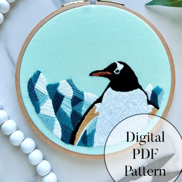 Gentoo Penguin Embroidery Pattern PDF- Penguin Design with Glacier Ice. Printable with Instructions.