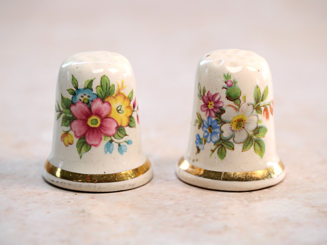 Ceramic Royal Crown Thimbles Pair Made in England Flower Ironstone