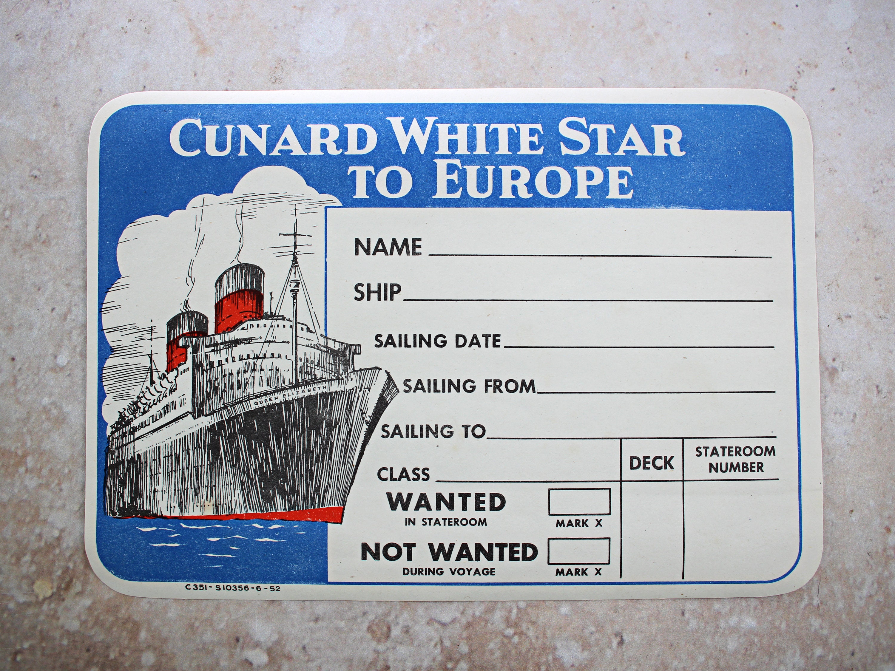 Titanic 1st Class luggage label # 1 replica movie prop