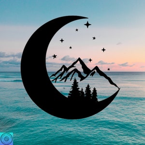 Mountain Moon Decal, Trees, Mountain, Crescent, Car Decal, Indoor/Outdoor, Waterproof, Vinyl, Many Colors & Sizes, FREE SHIPPING