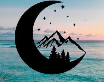 Mountain Moon Decal, Trees, Mountain, Crescent, Car Decal, Indoor/Outdoor, Waterproof, Vinyl, Many Colors & Sizes, FREE SHIPPING