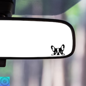 May include: Black and white French Bulldog decal, peeking over a surface. The decal features the dog's head and shoulders, with a detailed depiction of its face and ears. This sticker is designed for car windows or other smooth surfaces.