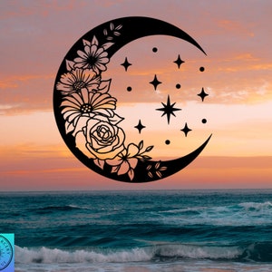 Floral Moon Decal, Flowers, Stars, Crescent Moon, Car Decal, Vinyl Indoor/Outdoor Decal, Many Colors & Sizes, Free Shipping