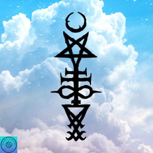 May include: Black occult symbol with a crescent moon, inverted pentagram, and other geometric shapes against a cloudy sky background. The symbol is a dark silhouette, contrasting with the bright blue and white sky. The image has a mystical theme.