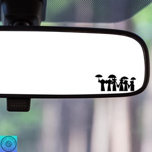 May include: A rearview mirror with a black silhouette of a group of people holding umbrellas. The people are standing in a line, facing the right side of the mirror.