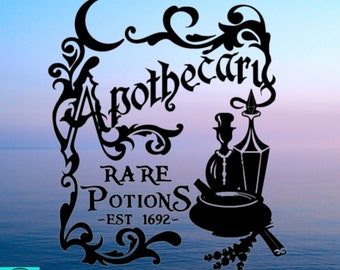 May include: Black and white illustration of an apothecary shop sign with ornate lettering that reads "Apothecary Rare Potions -Est 1692-". The sign features a mortar and pestle, a bottle with a stopper, and a sprig of lavender.