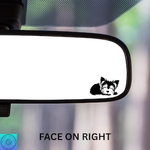 May include: A black and white vinyl decal of a Yorkshire Terrier dog lying down, affixed to a car's rearview mirror. The text "FACE ON RIGHT" is below the mirror. The decal is a silhouette of the dog.