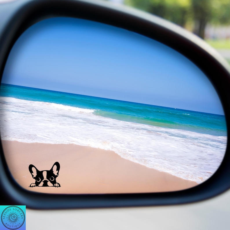 May include: A car side mirror reflecting a beach scene with a blue sky and turquoise water. A black and white French bulldog sticker is peeking from the bottom left corner. The sticker is from Seaside Sorcery Boutique.