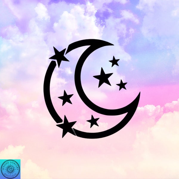 Moon And Stars Decal, Crescent Moon, Celestial, Car Decal, Wall Decal, Indoor/Outdoor, Waterproof, Vinyl, Many Colors & Sizes, FREE SHIPPING