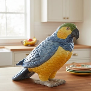 May include: A ceramic parrot-shaped biscuit jar featuring a vibrant colour palette of blue, yellow, and green. The bird has a textured feather design, a dark grey beak, and light grey feet, with a removable lid section at the neck area.