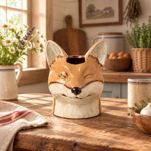 May include: A ceramic planter shaped like a fox head with a glossy finish. The fox features a tan and white face, pointed ears, and a small black nose. The top of the head is open for planting, and the design shows the fox with closed eyes.