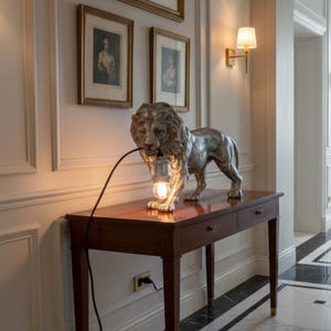May include: A silver-toned lion sculpture functioning as a table lamp, featuring a light bulb suspended from the lion's mouth by a black cord. The sculpture is positioned on a dark wood console table with two drawers and brass hardware accents.